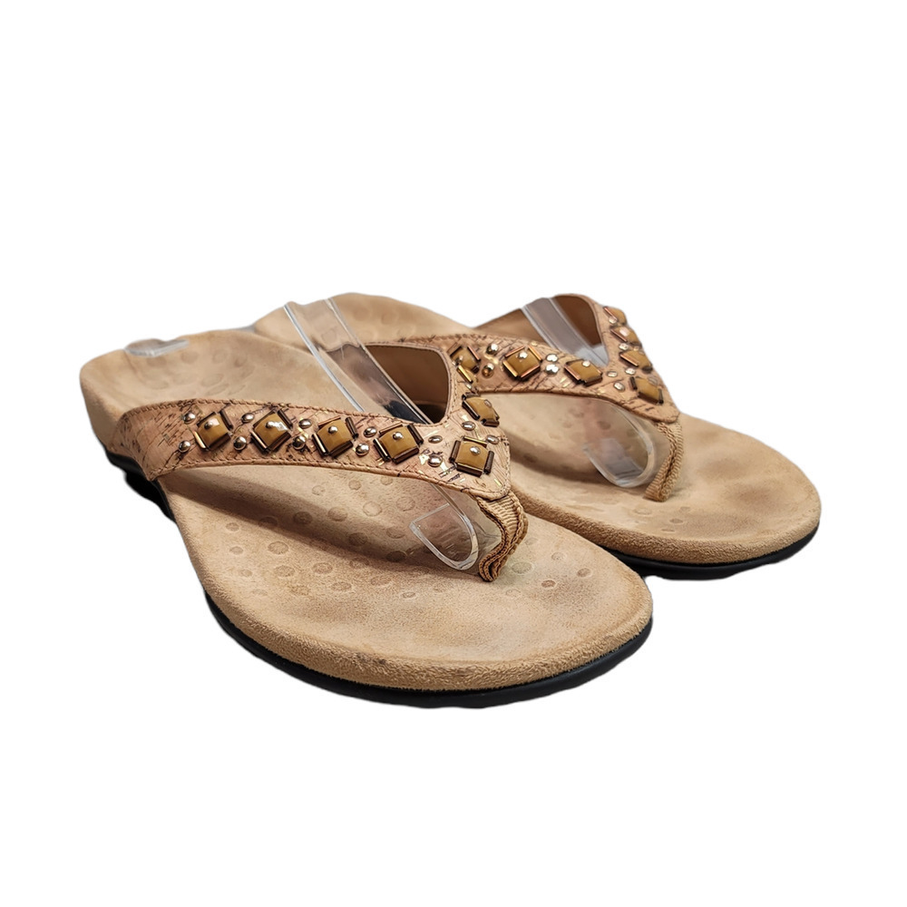 Vionic Floriana Slip On Flat Studded Flip Flop Toe Post Sandals Beige Size 7